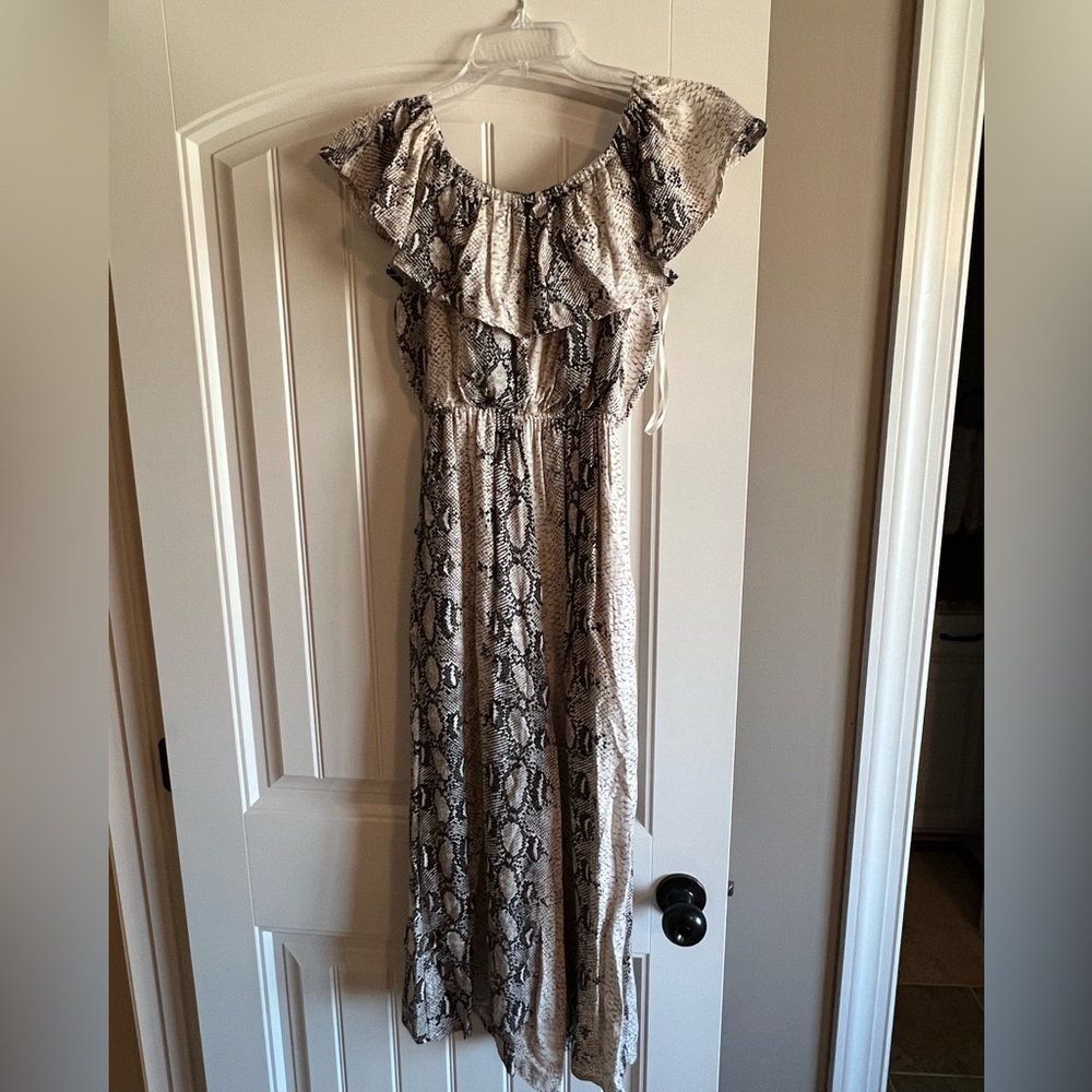 Snake skin print off shoulder jumpsuit with pockets